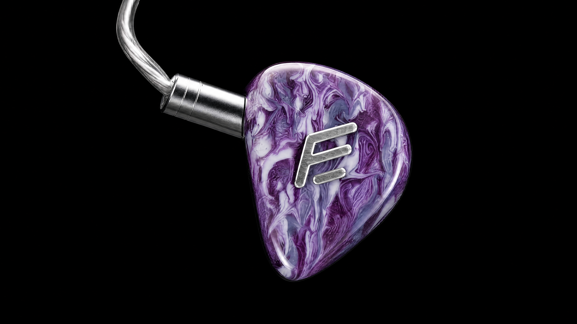 Forma Elyseen Live FEL01 in Elysian purple swirl finish with silver F logo plate and twisted silver-plated cable